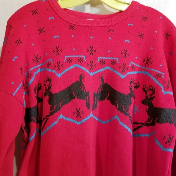 Vintage 80s Tultex Mens Christmas Reindeer Sweatshirt Red Crewneck Sweater - Picture 2 of 7